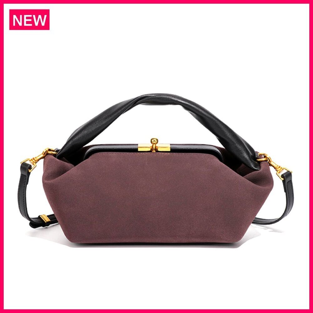 Vintage Faux Suede Hobo Bag with Detachable Strap, Kiss Lock Closure
